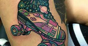 Traditional leopard print roller skates and flowers tattoo by @courtneykotattoo. Roller Skate Tattoos Tattoofilter