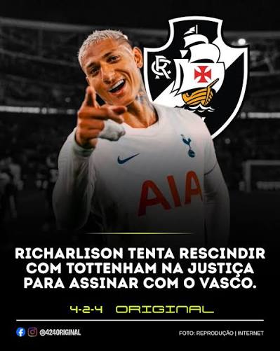 Richarlison entrar&aacute; com pedido de rescis&atilde;o contratual na justi&ccedil;a contra o Tottenham para assinar com o Vasco at&eacute; o final de 2026. O staff do jogador acredita que o clube ingl&ecirc;s n&atilde;o
