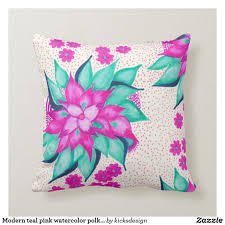 Modern Teal Pink Watercolor Polka Dots Floral Throw Pillow Zazzle Com Floral Throw Pillows Pink Watercolor Polka Dot Pattern Design