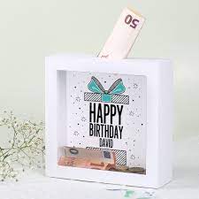 Bilderrahmen spardose mit lebensbaum in blau, name, datum und wunschtext. Bilderrahmen Spardose Zum Geburtstag Name