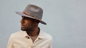 Goorin Bros Blueberry Haze Center Dent Wide Brim Straw Fedora Hat Grey Hero Shot On Male Model Straw Fedora Fedora Wide Brim Fedora