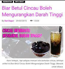 Darah tinggi tekanan darah ditakrifkan sebagai tekanan dalam saluran darah apabila darah dipamkan ke seluruh badan. Cincau Bonda Home Facebook