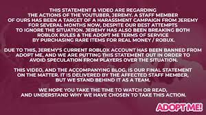 Oct 2, 2018 watch as we choose to be a baby or a parent in adopt me! Adopt Me On Twitter This Statement Video Are Regarding The Actions Of The Youtuber Jeremy Blogpost Https T Co Vahfdwbdl3 Video Https T Co Vbgbjbg1mc Https T Co Ckdntobqcw