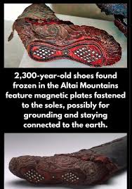 This 2,300-year-old, well-preserved Scythian boot was discovered in 1948 in  the frozen ground of the Altai Mountains in Siberia. Made of red leather  and adorned with black beads and pyrite crystals, it