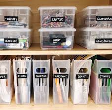 Clear Bins And Labels Are The Simplest Way To Organize Office Supplies It Works Wel Office Organization At Work Office Supply Organization Office Organization