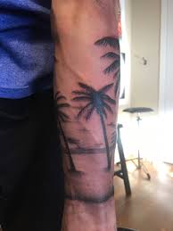 Floridian Palm Tree With Sunset And Surfboard In The Sand 2 Mens Shoulder Tattoo Arm Band Tattoo Arm Tattoos For Guys
