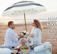 AMMSUN 7ft Patio Fringe Umbrella,Gray Stripes | AMMSUN Beach ...