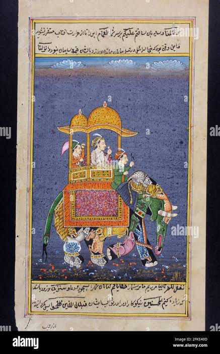 Rajasthani miniature painting from Rajasthan, India. Probably late 19th century or early 20th century. A man of rank riding on an elephant with an a Stock Photo - Alamy