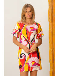 Robe courte en tissu aérien. Robe Ete Motif Colore Arabesque Manche Volantee Miranda L Bleu D Azur