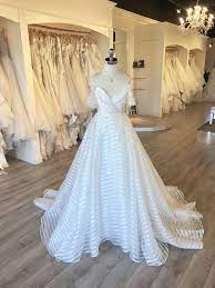 Hayley Paige Harley Wedding Gown Off The Shoulder A Line Striped Weddingdress Colored Wedding Dresses Wedding Dresses Wedding Gown Ballgown