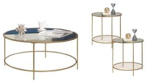 Each of the pieces in this coffee table set are equipped with a bottom shelf for storing magazines, games or decorative art. Bowery Hill 3 Piece Round Coffee And End Table Set In Cappuccino Living Room Furniture Furniture Rayvoltbike Com
