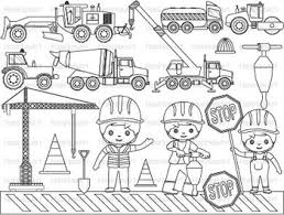 Coloring page and educational concept for kids. Construction Machines Outline Clip Art Stamp Coloring Pages Builders Work 061