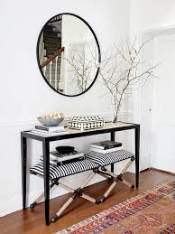 Black And White Striped Bench Uttermost Braddock Small Bench Features A Black And White Pattern With Rope X Legs Under A Dining Room Console Table Black Console Table Entryway Console Table