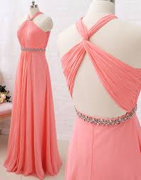 Macloth Halter Crystals Chiffon Long Prom Dress Coral Bridesmaid Dress Coral Bridesmaid Dresses Coral Bridesmaid Dresses Long Stunning Bridesmaid Dresses