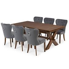I have a new construction, transitional home that is being decorated in white/black/grey with some pops of color. Marciac 200cm Dark Oak Extending Cross Leg Dining Table Grey Velvet Dark Oak Leg Dining Chairs The Furniture Mega Store