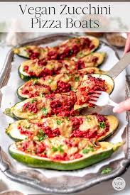 Stuffed Zucchini Pizza Boats Vegan Recipe Two Spoons Recipe In 2020 Vegan Zucchini Recipes Vegan Recipes Easy Zucchini Pizza Boats
