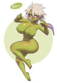 Rule 34 Dev - breasts colored_skin english_text female_goblin gintm goblin  green_skin highres large_breasts nipples nude pointy_ears  white_hair|19665693918