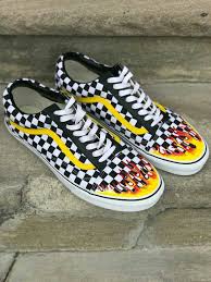 Black And White Checkered Vans With Red Flames Pin By Catherine Mcloughlin On Vans Vans Shoes Fashion Custom Vans Shoes Aesthetic Shoes