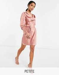 River Island Petite Satin Cowl Neck Tie Waist Mini Dress In Beige Asos