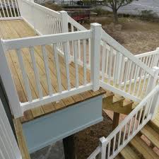 Post skirts on bottom of the three posts. Deck Railing Ideas Discover Weatherables Naples 3 Ft H X 8 Ft W White Vinyl Railing Kit Cwr R36 E8 The Home In 2020 Vinyl Railing Decks Backyard Wood Deck Railing