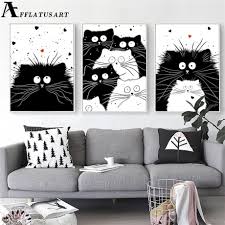 Black And White Wall Painting Animals Black White Kawaii Cat Wall Art Canvas Painting Animals Nordic Posters And Prints Nursery Wall Pictures Cat Wall Art White Canvas Art Wall Art Canvas Painting