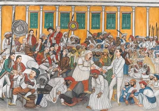 A cock fighting event at the court of the Nawab of Oudh in northern India. While cockfighting was condemned in Britain as cruel, in India it became entertainment—where British officials indulged in