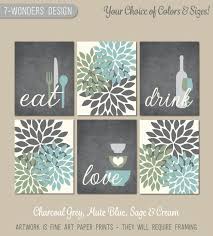 Kitchen Wall Art Print Set Eat Drink Love Flower Bursts Charcoal Grey Mute Blue Sage Cream Modern Kitchen Wall Art Kitchen Wall Art Kitchen Decor Wall Art
