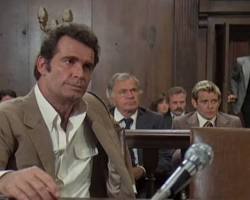 Rockford Files 1974 TV series James Garner as Jim Rockford gold Pontiac Firebird Malibu mobile home 1970s NBC television stills, AI generated