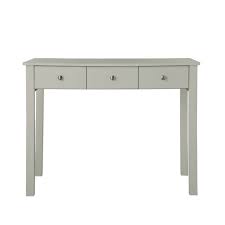 A white dressing table, with two drawers. Ashton Soft Grey 3 Drawer Dressing Table Flat Pack Bedroom Furniture