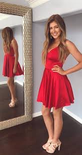 Cute Straps V Neck Short Red Party Dress With Pockets Homecoming Dresses From Saaass Red Homecoming Dresses Red Homecoming Dresses Short Satin Homecoming Dress