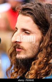 Close up, portrtait of Rudy Warman of the rock band Rudy Warman and the  Heavy Weather, singing at concert in open-air Stock Photo