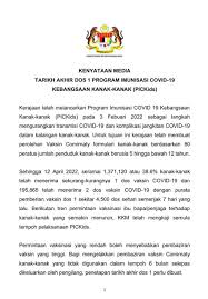 Tarikh Akhir Dos 1 Program Imunisasi Covid 19 Kebangsaan Kanak Kanak Pickids Covid 19 Malaysia