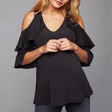 Cold Shoulder Frill Sleeve Black Maternity Top Fashionably Pregnant
