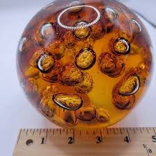 Vintage Amber Art Glass Sphere Controlled Bubbles Murano MCM Paperweight  Decor Decor