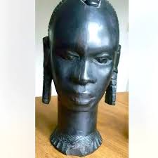 Hand Carved Ebony Wood Bust Of African Woman With Braids Large Earrings  Heavy💜