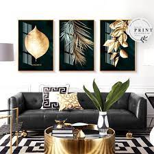 Set Of 3 Prints Golden Tropical Leaf Abstract Botanical Print Bedroom Decor Gift For Her Livin Gold Living Room Decor Gold Living Room Art Deco Living Room