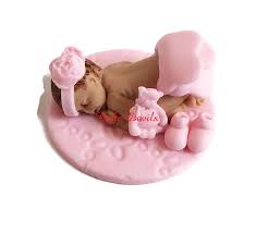 Baby Girl Fondant Sleeping Baby Baby Shower Cake Topper Pink Ruffle Baby Flower Headband Baptism Christening Handmade Edible Baby
