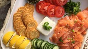 Place half of the cream cheese cubes and the salmon pieces over potatoes. Smoked Salmon Platter Shannon Mangerchine