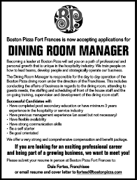 Job summary for a dining room manager in a casual dining restaurant. Dining Room Manager Boston Pizza Anokiiwin Job Connect