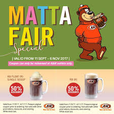 Matta fair is back with more great deals and attractions! Free A W Coupons Giveaway 50 Off Root Beer Float Matta Fair Pwtc Kl 8 10 September 2017