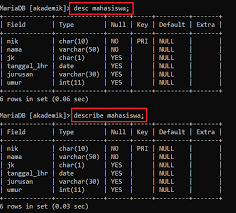If you want to see the schema information of your table, you can use one of the following if used from the mysql commandline tool, this is less verbose Cara Membuat Tabel Di Mysql Dengan Cmd Kelas Programmer