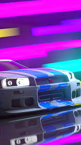 Neon Nissan Skyline R34 in Vibrant Stripes - backiee