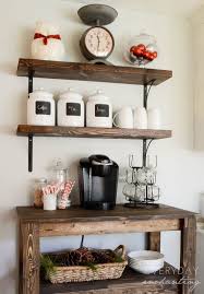 Simple Rustic Coffee Bar Great For Everyday Mornings And Hospitality Mounted Wood Shelves Wooden Cart Coffee Bars In Kitchen Coffee Bar Home Diy Coffee Bar