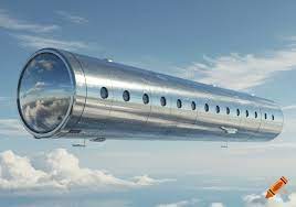 Large metallic cylinder with portholes floats above white clouds in a blue sky, with a crescent moon. on Craiyon