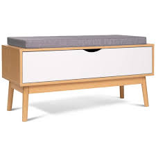 Banc de rangement coffre de rangement chaussures en bois de noyer banquette assise coussin tissu hxlxp 46 5 x 92 6 x 49 cm. Banc Coffre D Entree Chaussures Leo Bois Facon Hetre Et Blanc