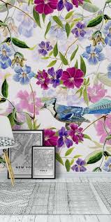 Blue Birds And Flowers Wallpaper Blue Jay With Blue Flowers Wallpaper Floral Wallpaper Purple Wallpaper Pattern Wallpaper