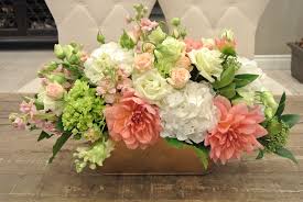 Rectangular Table Centerpiece With Dahlias Hydrangea Lisianthus Spray Roses Stoc Flower Centerpieces Wedding Flower Arrangements Simple Flower Arrangements