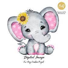 Pink Girl Elephant Sunflower Clip Art Baby Shower Adly Invitations And Digital Party Designs