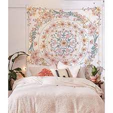 Simpkeely Mandala Floral Medallion Tapestry Sketched Flower Plant Boho Wall Hanging Bohemian Hippie Tapestrie Boho Wall Hanging Medallion Tapestry Dorm Walls