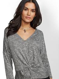 Balloon sleeves raised shoulder detail to bring romantic allure to a versatile top in an easy fit. Black Marled Twist Front Hacci Knit Top Soho Soft Tee New York Company